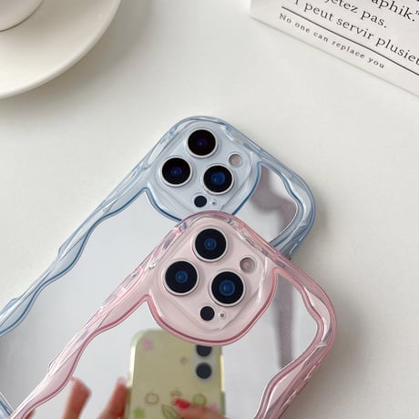 淡色 ミラー iPhone17/16Proケース パステルカラー iPhone15promax/14/13カバー うねうねライン [M5560]