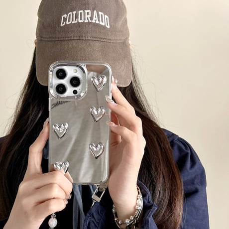 ストラップ付 ミラーiPhone15pro/15promaxケース ハートデコ iphone14/13/12proカバー パール 女子力アップ[M4167]