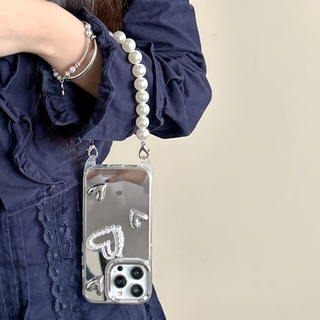 ストラップ付 ミラーiPhone15pro/15promaxケース ハートデコ iphone14/13/12proカバー パール 女子力アップ[M4167]