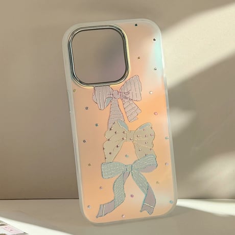 リボン柄 光るiPhone16pro/17ケース ダイヤデコ iPhone15pro/14/13カバー シック 可愛い [M5599]