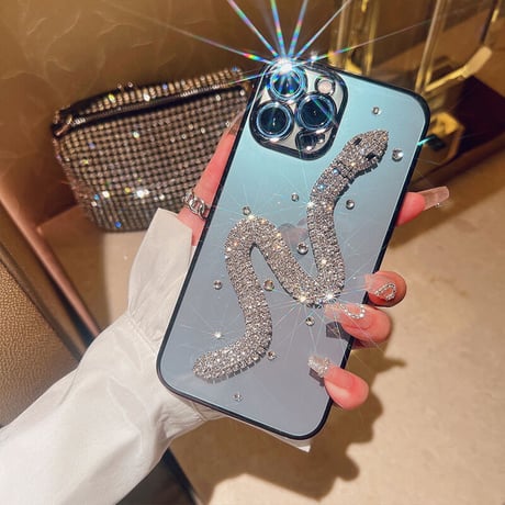キラキラヘビ iphone14/13ケース オシャレデコ iphone12/11proカバー  光る艶あり ファッション 綺麗[M2082]