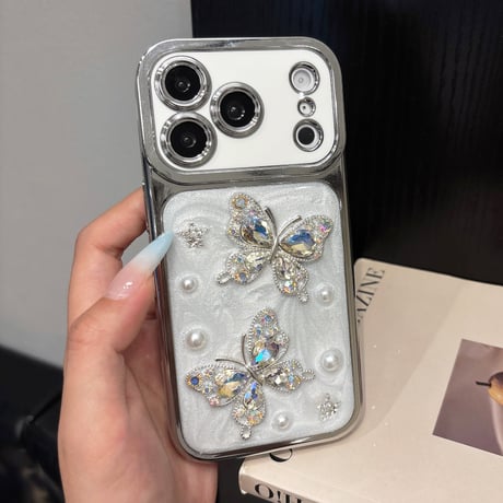 ダイヤ蝶 iPhone17Pro/17ケース パール iPhone16/15Pro/14ケース 豪華 オシャレ キラキラ感 [M6294]