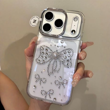 ダイヤリボン iPhone17Pro/17ProMaxケース パール iPhoneAir/17/16Proケース ハンドメイド  キラキラ 綺麗 [M5726]