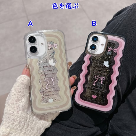 動くグリッター iPhone16pro/16ケース リボン うねうね iPhone15/14pro/13promaxカバー 女子力高い  [M5112]