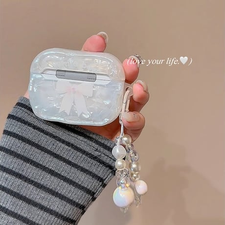 パールリボン Airpods 4ケース シェル柄 Airpods3/Pro2ケース airpodspro2カバー  パールキーチェーン付 大人可愛い 高級感[M5249]
