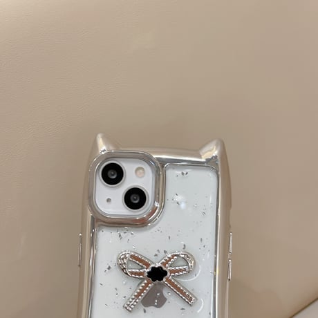 耳付 立体リボン iPhone15pro/15カバー 可愛いストラップ付 iPhone14/13pro/12ケース キラキラ 女子力UP[M4374]