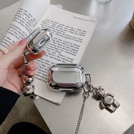 銀色bear airpodsproケース  クマキーホルダー付  airpodsカバー   首掛け チェーン付き 高品質ソフトケース 金属ツヤ感あり キラキラ  M566