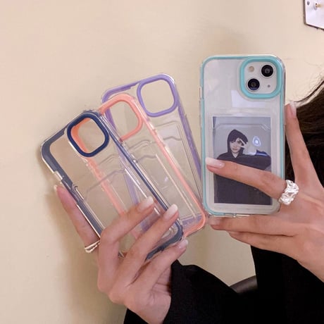 【iPhone15対応】カラー枠カード入れ付 iphone14/13promaxカバー  写真/メモ収納クリアアイフォン11/12miniケース  耐衝撃  頑丈 シンプル   M1094