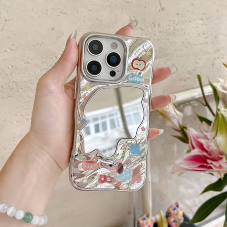 犬ちゃんミラー iPhone16pro/16ケース シルバー iPhone15pro/14/13promaxカバー 大人可愛い メイク直し鏡[M5522]