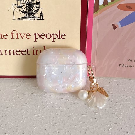 ピンクシェル調 Airpods4ケース パールキーチェーン付 AirpodsPro2ケース airpods3/2カバー  かわいい 女子力高い 美しい [M5377]