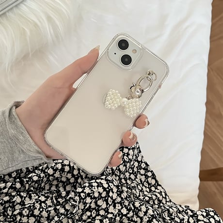 女子力アップ iPhone15/15proケース パールリボンチャーム iPhone14/13pro/12proクリアケース かわいい きれい[M4361]