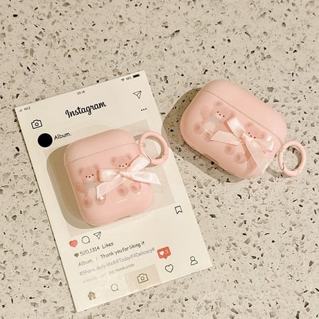 リボン熊ちゃん Airpods4/Pro3ケース ピンク 韓国っぽ Airpods 3カバー  AirpodsPro2/1  リング付 可愛すぎ プレゼントにおすすめ [M6068]