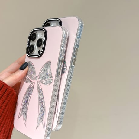 ラメリボン iPhone16pro/16ケース キラキラ ピンク iPhone15pro/14/13promaxケース おしゃれ 女子力UP [M5057]