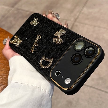 織物 iPhone17Pro/17ケース リボン/熊デコ カメラ保護カバー iPhone17ProMax/16/15カバー 放熱仕様 セレブ愛用 [M5845]