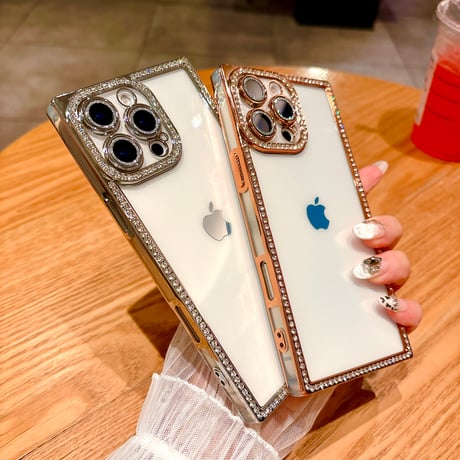 スクエア ダイヤ iPhone16/16Proケース  クリア iPhone15pro/14/13Proカバー 四角 レンズカバー付[M4964]