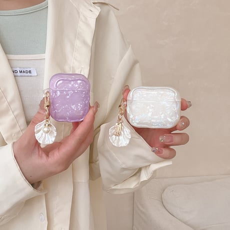 シェル柄 Airpods 4ケース 淡色系 貝殻キーチェーン Airpods3/Pro2ケース airpodsproカバー 大人可愛い トレンド人気[M5166]