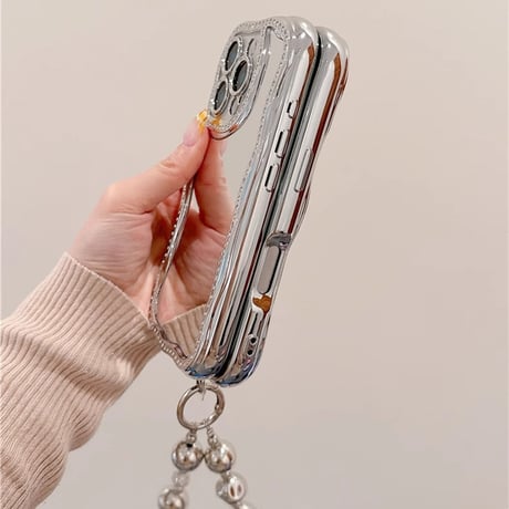 ジュエリー鏡付 iPhone16pro/16ケース ビーズチェーンストラップ アイフォン15pro/14/13proケース 大人可愛い 女子力UP メイク直しに便利[M5194]