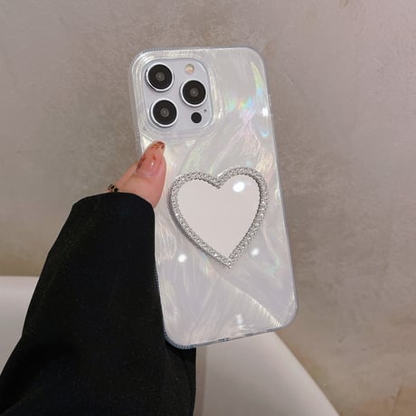 オシャレ鏡付 iPhone15/15Proケース キラキラ iPhone14Pro/13/12ケース ホワイト 女子に人気 [M3758]