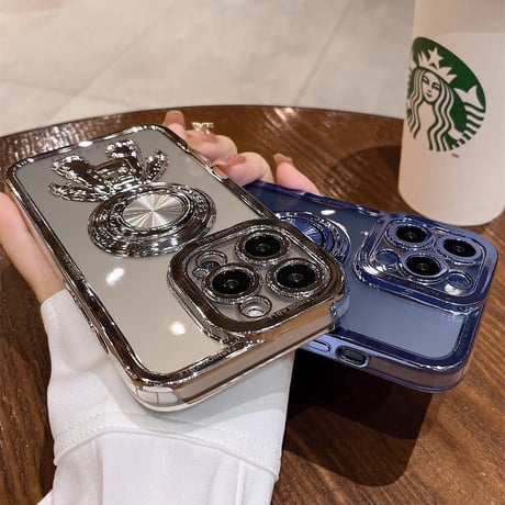 宇宙飛行士リング付 iPhone15/14proケース メッキクリアアイフォン13/12/11proカバー スタンド 便利 艶あり セレブ愛用 [M2637]