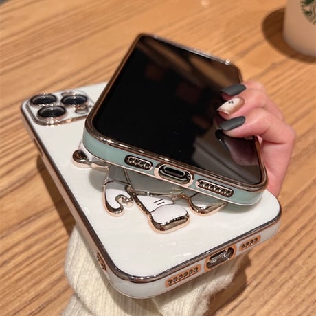 宇宙飛行士グリップ iphone14/13promaxケース ツヤ感金色枠 iphone12mini/SE3/11カバー  高級感  保護力強いソフトケース 落下防止 スタンド機能あり[M1982]