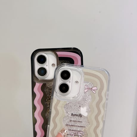 動くグリッター iPhone16pro/16ケース リボン うねうね iPhone15/14pro/13promaxカバー 女子力高い  [M5112]