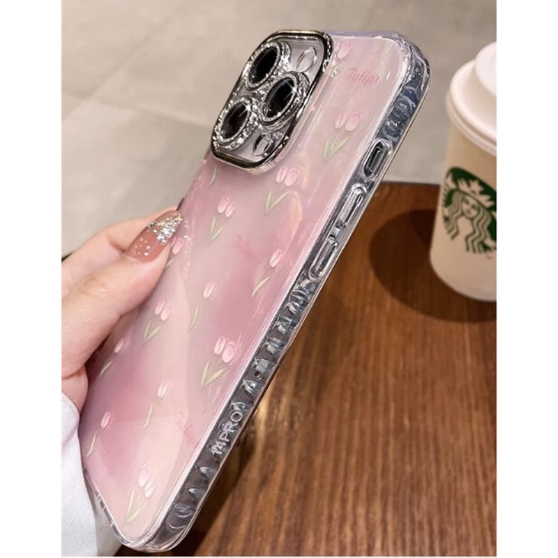 ピンク iPhone15/15proケース シェル風 チューリップ キラキラ