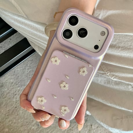 ダブルミラースタンド付 iPhone17Pro/17ケース 花とダイヤデコ iPhone16Promax/15pro/14ケース 上品 高品質[M6376]