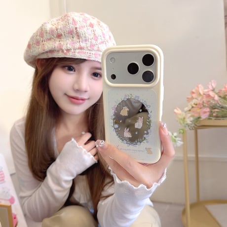 ウサギミラー iPhone17Pro/17ケース ホワイト iPhone17Promax/16Pro/15ケース かわいい 春夏向け[M6147]
