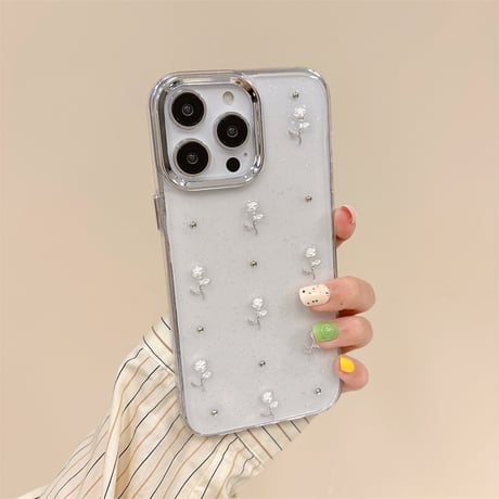 薔薇付 iPhone15/15プロ/15プラスケース クリア iPhone14promax/13pro/12ケース ラメ入り 女子力アップ[M4500]