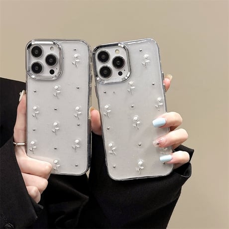 薔薇付 iPhone15/15プロ/15プラスケース クリア iPhone14promax/13pro/12ケース ラメ入り 女子力アップ[M4500]