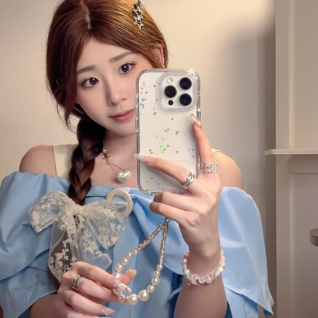ハートグリッター iPhone16pro/16ケース  高透明 パールストラップ iPhone15pro/14/13カバー  可愛い 高級感たっぷり[M5219]