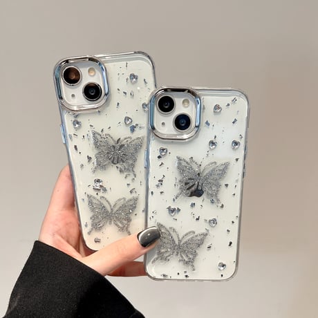 ラメ蝶々 アイフォン16pro/15ケース ダイヤ ハンドメイド iPhone14/13pro/12カバー 大人可愛い 春夏向け[M5175]