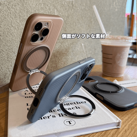 滑り止め/指紋防止 iPhone16/16proケース MagSafeリング スタンド 薄型軽量 iPhone15pro/14promax 半透明 高級感 [M4696]