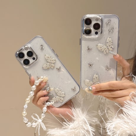 パール/ジュエリー蝶々 iPhone16/16Proケース  ストラップ付 iPhone15Pro/14/13proカバー 華やか キラキラ 高品質 [M5150]