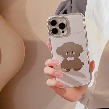 鏡 iPhone15/15Proケース 犬ちゃん ピンク iPhone14Pro/13/12カバー かわいい ト便利 ギフトにおすすめ [M3804]