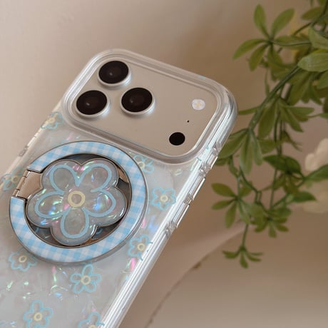 ブルー花リングスタンド iPhone17/17Proケース MagSafe対応 iPhone16Pro/15/14ケース 可愛い便利 甘めコーデ [M6434]