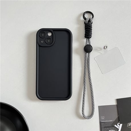 ストラップ付 無地iPhone15/14ケース シンプル風 アイフォン13/12/11proカバー 落下防止 紐取り外し可[M3414]