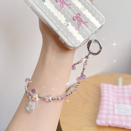 クリスタルストラップ 蝶/ハート 女子力アップ ショートストラップ キラキラ かわいい 取り付け外し簡単[M5225]
