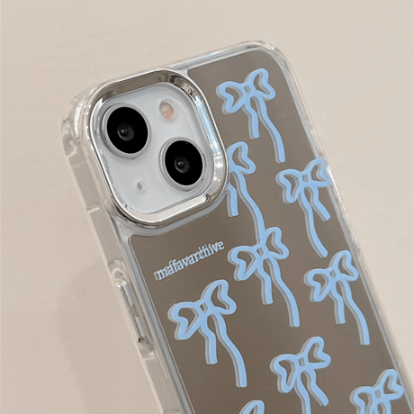 リボン ミラーiPhone16/15proケース 頑丈 可愛いiphone14/13/12proカバー 女子力アップ 便利[M4087]
