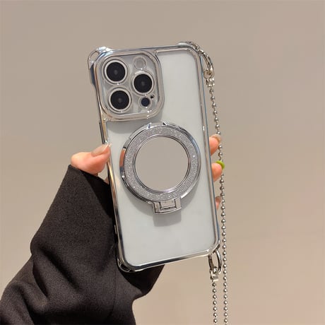 鏡リングスタンド付 iPhone16pro/16ケース ショルダーチェーン iPhone15/14pro/13promaxカバー 女子力高い 多機能便利 [M5163]