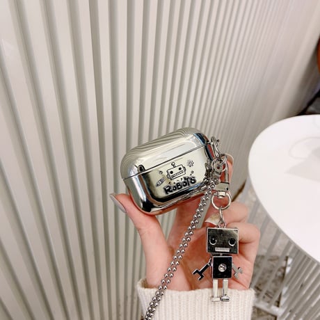 銀色ロボット エアーポッズ4/3ケース robot airpodspro2/1カバー 可愛いキーリング付き チェーン付き カッコイイ 高品質頑丈 ツヤ感あるM422