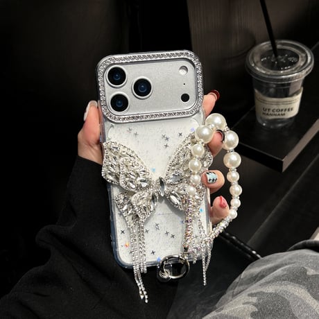 ジュエリー蝶デコ iPhone17Pro/17ケース キラキラ 綺麗 iPhone16Pro/15カバー パールストラップ 女子力高い [M5855]