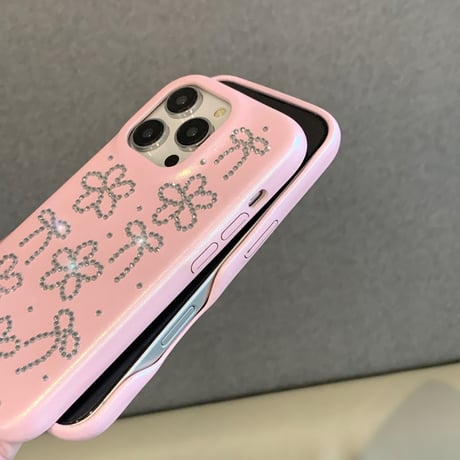 高級感 iPhone16pro/16ケース ダイヤデコ花/リボン iPhone15pro/14/13promaxケース ピンクレザー 上品 大人可愛い [M5385]