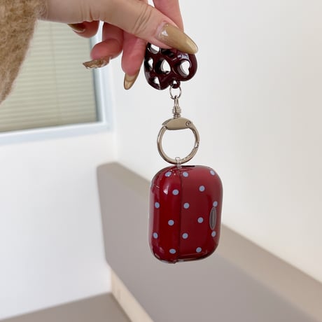 ワインレッド Airpods 4ケース 水玉模様 ハートキーホルダー Airpodspro2/proカバー Airpods第3/2世代 かわいい 女子力高い[M5069]