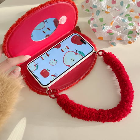 リンゴ手帳型 iphone16/16proケース  ストラップ付 ニット iphone15pro/14/13proケース 可愛い 女子力高い [M5030]