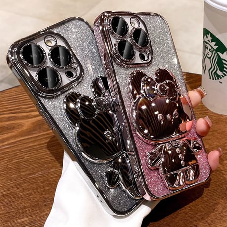 鏡付兎スタンド iPhone15/16proケース キラキラ iPhoneSE第3世代/14/13Proカバー 多機能便利 カメラ保護 [M3527]