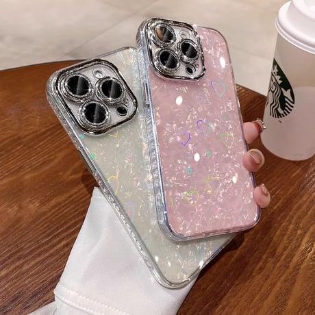 シェル風ハート柄 iPhone16/15proケース キラキラ レンズ保護 iphone14/13/12proカバー 女子力上がる 存在感抜群[M3635]