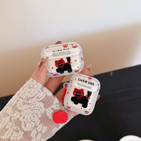 cute cat AirpodsPro3ケース リボン柄 エアポッズ4/3  AirpodsPro2/Proカバー  リング/猫キーホルダー ギフトにおすすめ [M6015]