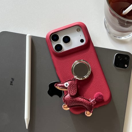 犬ちゃんリング付 iPhone17Pro/17ケース 高級感 レザー製 iPhone17promax/16pro/15カバー 上品 便利 可愛い スタンド [M5932]