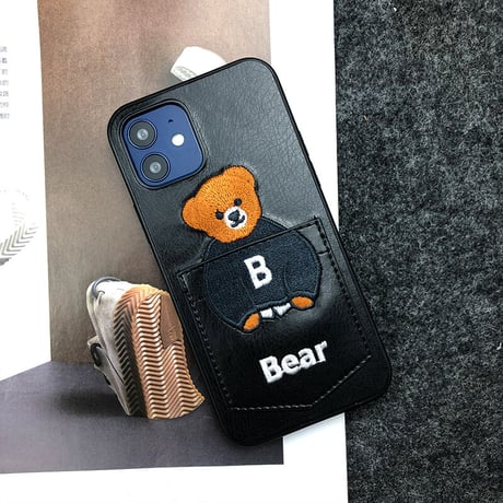 カード収納 iphone14Plus/13promaxケース 刺繡入りクマちゃんiphone12mini/11保護カバー  カップルお揃い 皮製 高品質[M2154]